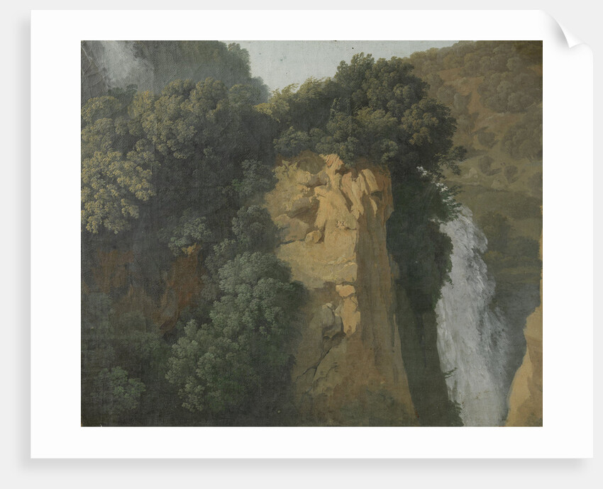 Overgrown Cliffs with a Waterfall in Italy, perhaps at Tivoli by Hendrik Voogd