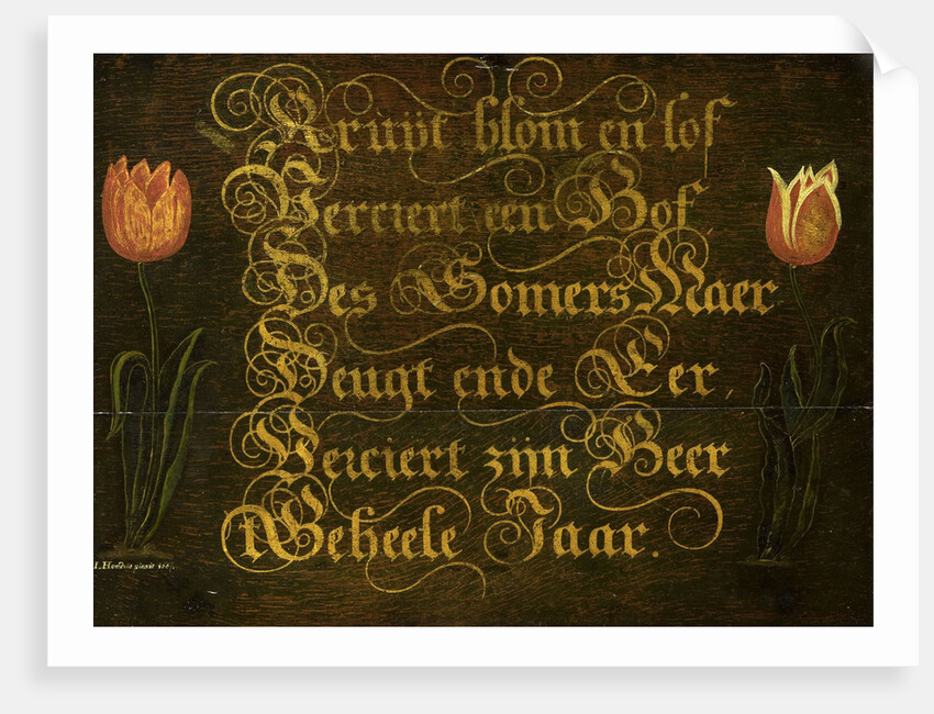 Calligraphed Saying Flanked by two Tulips by Isaac Hondius