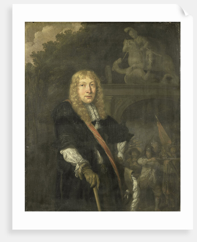 Portrait of an officer of the Leiden civic guard in front of the gate of the headquarters of the St. George guards by Domenicus van Tol