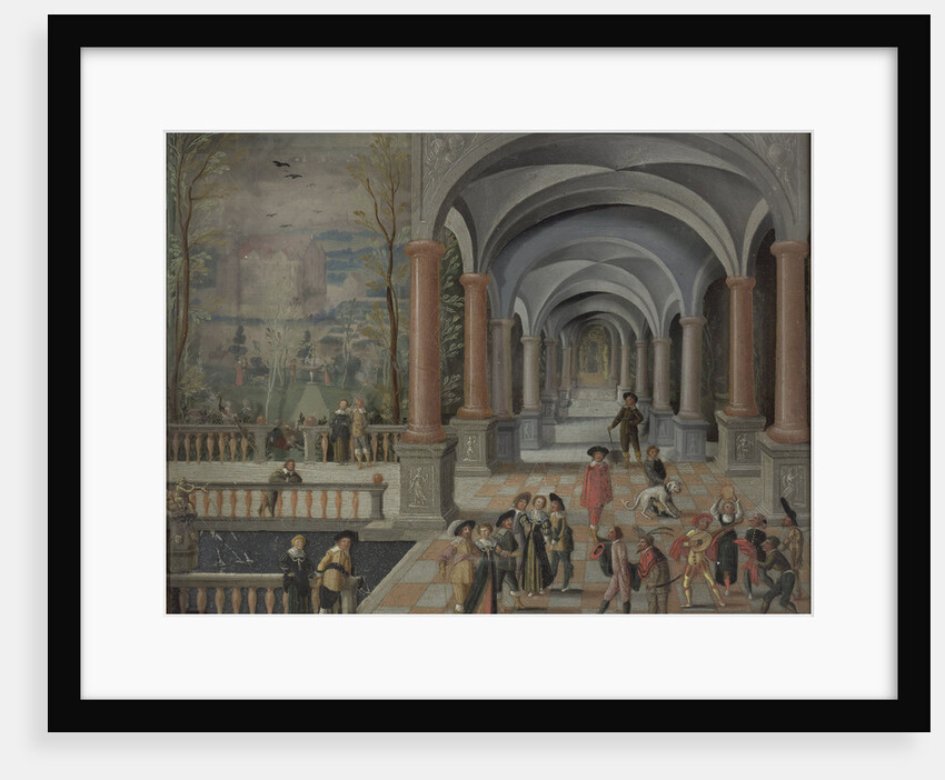 Festive Gathering and Figures from a Commedia dell'Arte in a Gallery by Monogrammist DB