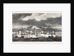 The French and British Fleets at Cherbourg, France: Sunrise in the Roadstead, Cherbourg: View of the Earthworks, the French Fleet Saluting, 1865 by Anonymous