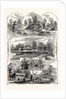 The Queen's Visit to Victoria Park: Views in the Park, London, 1873. Chinese Pagoda, Cascade, Rustic Seat, Boat House and Lake, Refreshment Saloon, Swings and Roundabouts by Anonymous