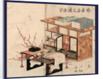 Shodana to Fuzukue to Ume, Plum Branches Beside Bookshelves and Desk by Anonymous