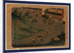 Travelers, Including a Group with a Palanquin, in the Commercial District of the Narumi Station on the Tokaido Road by Anonymous