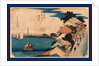 Travelers Walking Up Incline on the Tokaido Road at the Kanagawa Station with Village Buildings and Harbor with Ships on the Left by Anonymous
