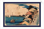 Travelers Walking Up Incline on the Tokaido Road at the Kanagawa Station with Village Buildings and Harbor with Ships on the Left by Anonymous