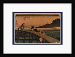 Travelers Crossing a Bridge on a Windy Day, a Kite Flies Overhead, and Workers in a Rice Paddy in the Background by Anonymous
