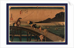 Travelers Crossing a Bridge on a Windy Day, a Kite Flies Overhead, and Workers in a Rice Paddy in the Background by Anonymous