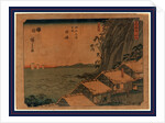 Thatched Roof Buildings on Coastline with Mountain in the Background and Harbor with Three Ships Under Sail, and Travelers Stopping at the Rest Stops at the Yui Station on the Tokaido Road by Anonymous