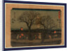 Travelers, Including Several with Lanterns, Passing Between Two Trees at Night Under a Crescent Moon Near the Akasaka Station on the Tokaido Road by Anonymous