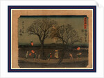 Travelers, Including Several with Lanterns, Passing Between Two Trees at Night Under a Crescent Moon Near the Akasaka Station on the Tokaido Road by Anonymous