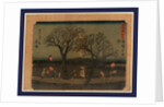 Travelers, Including Several with Lanterns, Passing Between Two Trees at Night Under a Crescent Moon Near the Akasaka Station on the Tokaido Road by Anonymous