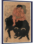 Kintaro, a Young Boy with Legendary Strength, Transformed As Sanro, Playing a Flute While Sitting on the Back of a Bull by Anonymous