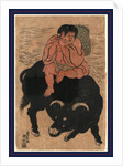 Kintaro, a Young Boy with Legendary Strength, Transformed As Sanro, Playing a Flute While Sitting on the Back of a Bull by Anonymous