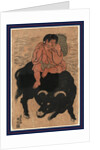 Kintaro, a Young Boy with Legendary Strength, Transformed As Sanro, Playing a Flute While Sitting on the Back of a Bull by Anonymous