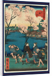 Comical Scene with a Group of People Walking Along the Bank of the Shinobazu Pond, with Cherry Blossoms and Dwellings in the Background. by Anonymous