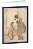 Onagadori o motsu onna to kamuro, Woman holding a rooster accompanied by a young attendant by Anonymous
