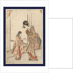 Onagadori o motsu onna to kamuro, Woman holding a rooster accompanied by a young attendant by Anonymous