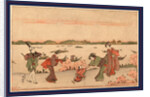 Three Women with a Male Attendant Carrying a Parasol, and a Child Walking Along Riverbank Among Cherry Trees by Anonymous