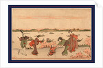 Three Women with a Male Attendant Carrying a Parasol, and a Child Walking Along Riverbank Among Cherry Trees by Anonymous