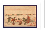 Three Women with a Male Attendant Carrying a Parasol, and a Child Walking Along Riverbank Among Cherry Trees by Anonymous