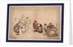 Four Women and a Child Watching Two Men Dancing with a Fan and a Drum by Anonymous