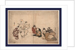 Four Women and a Child Watching Two Men Dancing with a Fan and a Drum by Anonymous