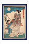 Woman and a Young Girl Looking at a Full Moon. by Anonymous