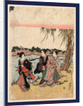 Three Women Standing on the Bank of a River, Viewing Cherry Blossoms by Anonymous