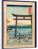 Three Women Passing Through the Gateway to a Shrine on the Bank of a River with Distant View of Mount Fuji by Anonymous