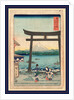 Three Women Passing Through the Gateway to a Shrine on the Bank of a River with Distant View of Mount Fuji by Anonymous