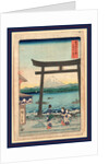Three Women Passing Through the Gateway to a Shrine on the Bank of a River with Distant View of Mount Fuji by Anonymous