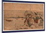 Two Women, Possibly Geisha, and a Male Porter Standing on a Wharf on the Edge of a River During a Snow Storm by Anonymous