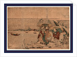 Two Women, Possibly Geisha, and a Male Porter Standing on a Wharf on the Edge of a River During a Snow Storm by Anonymous