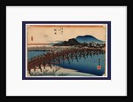 Travelers on a Bridge Across a River with Buildings in the Background at the Okazaki Station on the Tokaido Road by Anonymous
