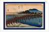Travelers on a Bridge Across a River with Buildings in the Background at the Okazaki Station on the Tokaido Road by Anonymous