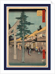 Travelers and Residents at the Shrine and Inns at the Mishima Station on the Tokaido Road by Anonymous