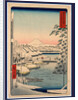 Travelers and Porters Crossing the Sukiya Bridge, the Waterfront with Snow Covered Boats and Buildings, and a View of Mount Fuji in the Background by Anonymous