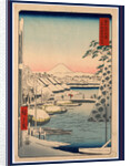 Travelers and Porters Crossing the Sukiya Bridge, the Waterfront with Snow Covered Boats and Buildings, and a View of Mount Fuji in the Background by Anonymous