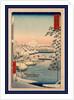 Travelers and Porters Crossing the Sukiya Bridge, the Waterfront with Snow Covered Boats and Buildings, and a View of Mount Fuji in the Background by Anonymous