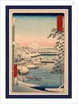 Travelers and Porters Crossing the Sukiya Bridge, the Waterfront with Snow Covered Boats and Buildings, and a View of Mount Fuji in the Background by Anonymous