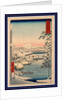 Travelers and Porters Crossing the Sukiya Bridge, the Waterfront with Snow Covered Boats and Buildings, and a View of Mount Fuji in the Background by Anonymous