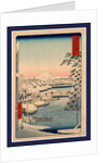 Travelers and Porters Crossing the Sukiya Bridge, the Waterfront with Snow Covered Boats and Buildings, and a View of Mount Fuji in the Background by Anonymous