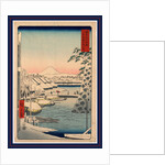 Travelers and Porters Crossing the Sukiya Bridge, the Waterfront with Snow Covered Boats and Buildings, and a View of Mount Fuji in the Background by Anonymous