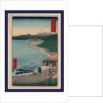 Woman and Two Children Walking Along Beach at Shichirigahama, and Two Women Watching from a Pavilion or Porch by Anonymous