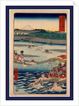 Porters Carrying Passengers on Litters Across the Oi River, with View of Mount Fuji in the Background by Anonymous