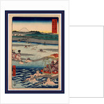 Porters Carrying Passengers on Litters Across the Oi River, with View of Mount Fuji in the Background by Anonymous