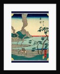 Man Leading a Horse Carrying Bundles of Reeds Along the Shore of a Bay at the Okitsu Station on the Tokaido Road with a Village in the Distance. by Anonymous