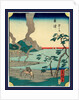 Man Leading a Horse Carrying Bundles of Reeds Along the Shore of a Bay at the Okitsu Station on the Tokaido Road with a Village in the Distance. by Anonymous