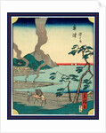 Man Leading a Horse Carrying Bundles of Reeds Along the Shore of a Bay at the Okitsu Station on the Tokaido Road with a Village in the Distance. by Anonymous